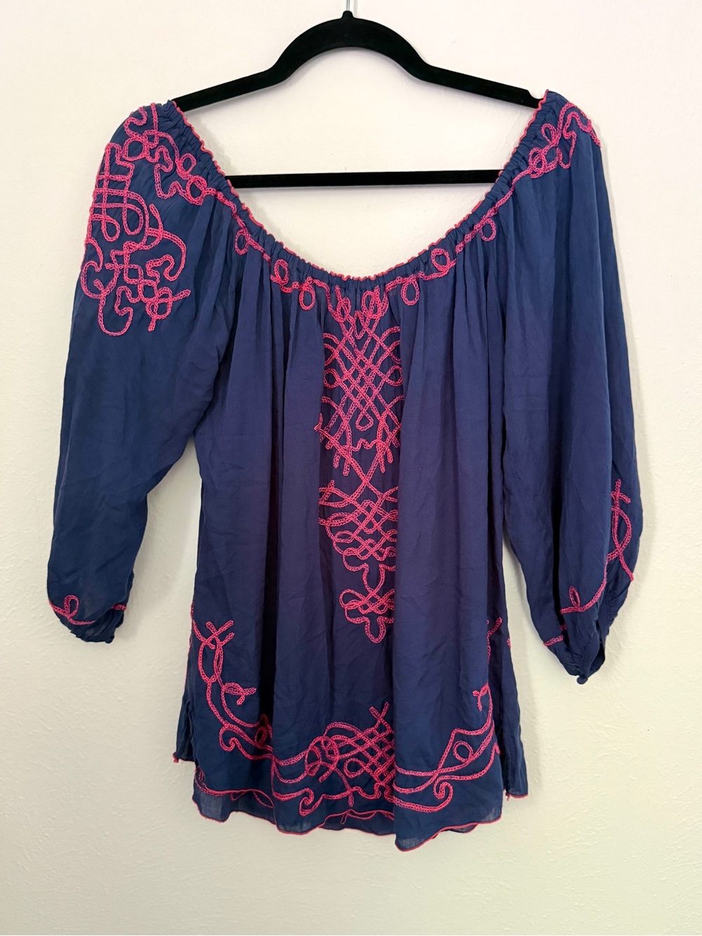Poupette St. Barth Off-Shoulder 3/4 SleeveEmbroidered Top Navy with Pink Accents